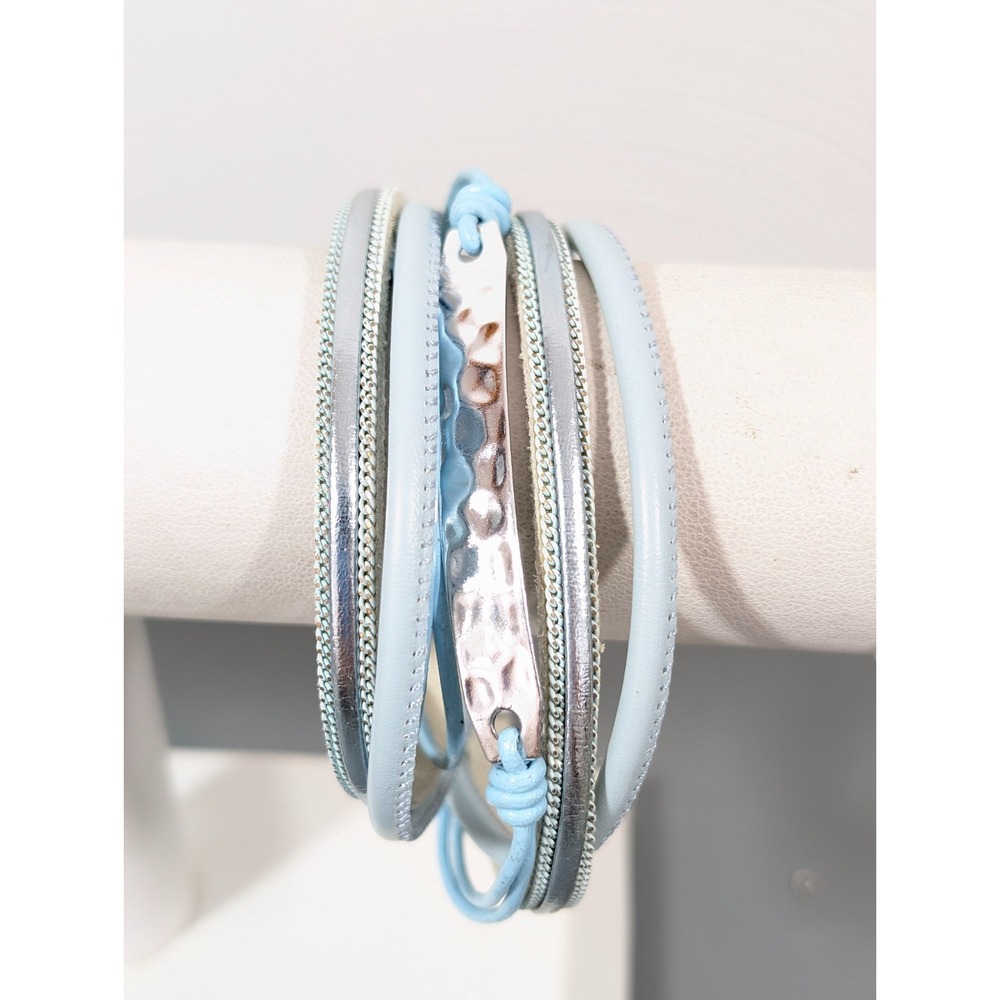 Beachy Boho Blue Leather Multi Strand Silver‎ Tone Hammered Wrap Bracelet 15 in